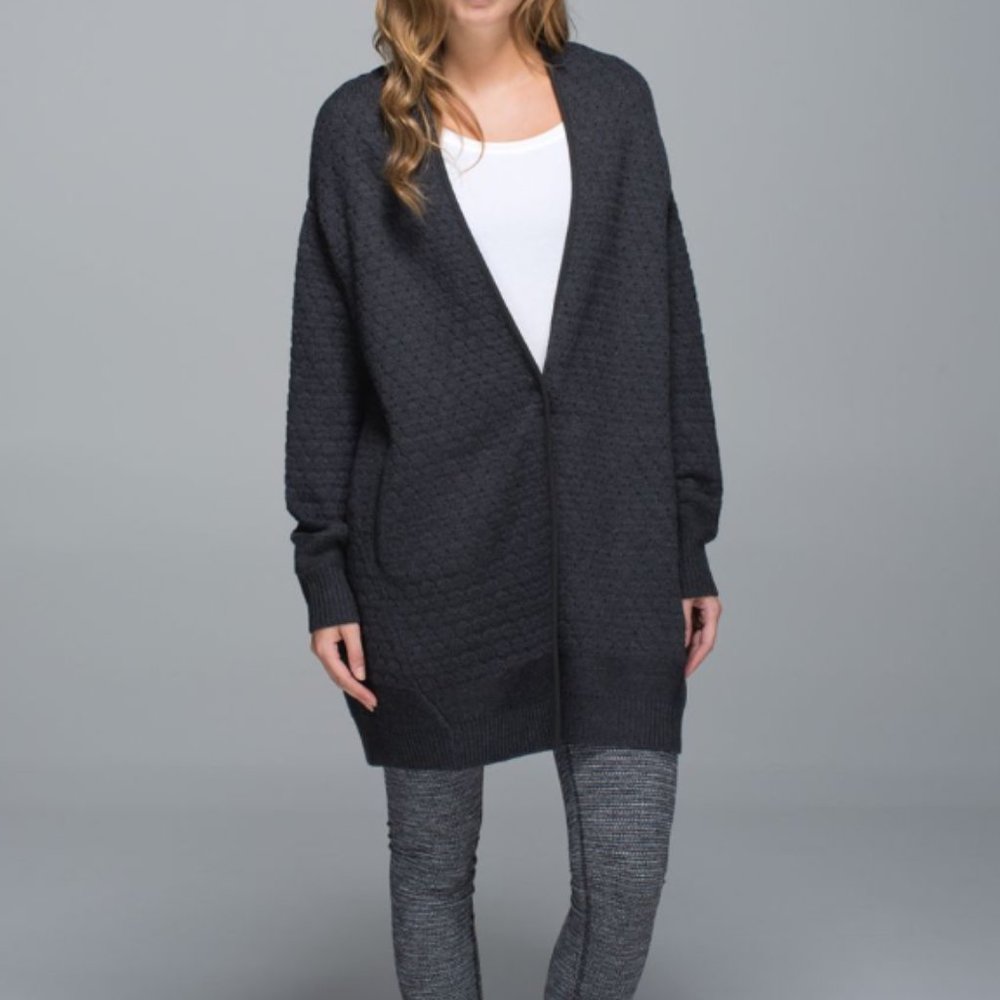 Lululemon Dark Grey 100% Merino Cardi All Day Cardigan in "Heathered Black" M
